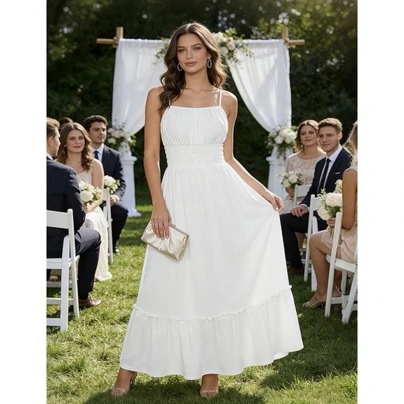 Grace Karin Maxi Sundress Spaghetti Strap White Smocked Pockets lined Size M - Picture 11 of 14